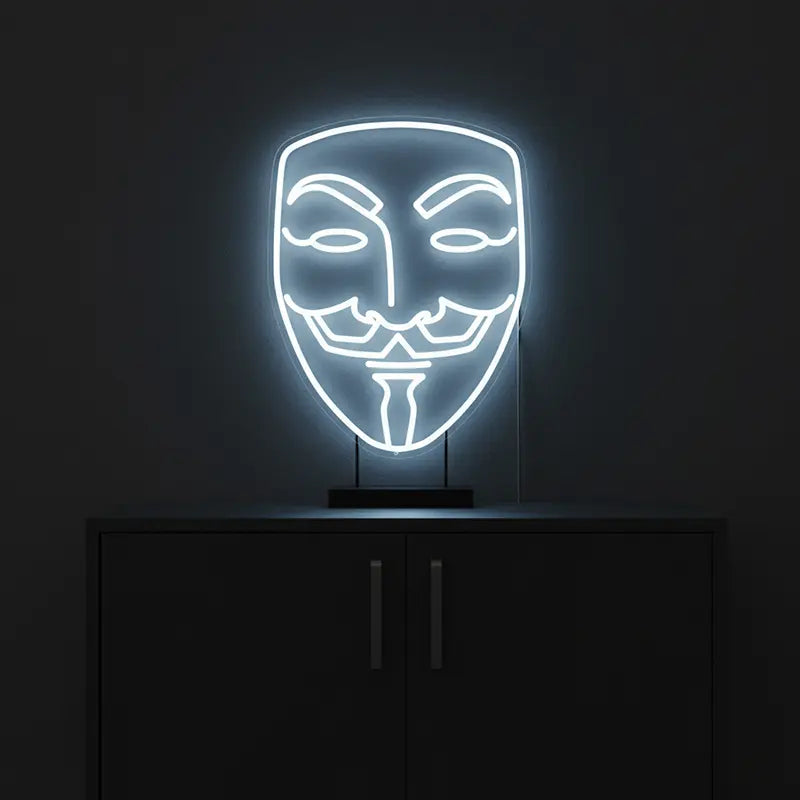 Anonymous Neon LED Schild beleuchtet – weiße Maske als USB-Leuchtschild