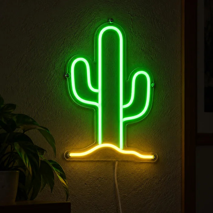 Desert Cactus Neon LED Sign glowing on a dark wall, close-up with connection cable