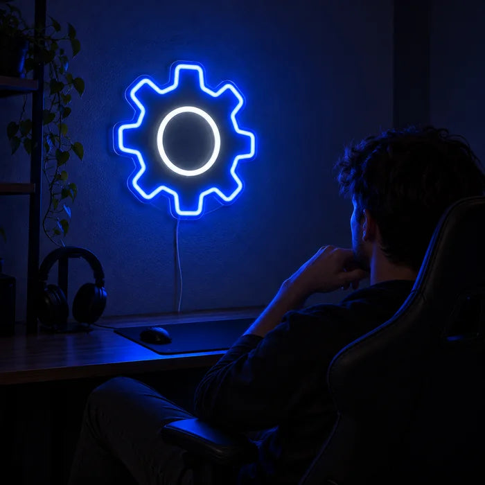 Gear Wheel Neon LED Sign above a gaming desk, a gamer in a gaming chair in front of it