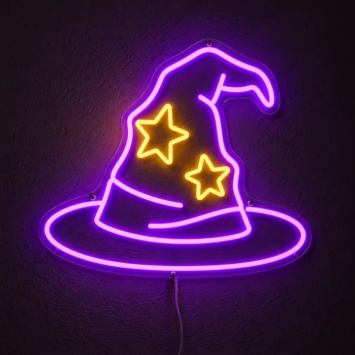 Wizard Hat Neon LED Sign glowing on a dark wall, close-up with connection cable