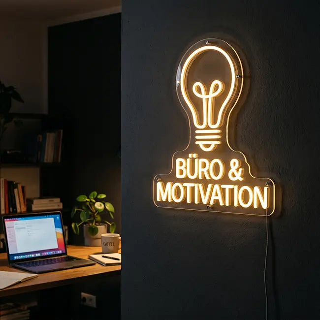 Neon LED Schild Büro & Motivation – leuchtende Glühbirne in Warmweiß und Gold im Home Office