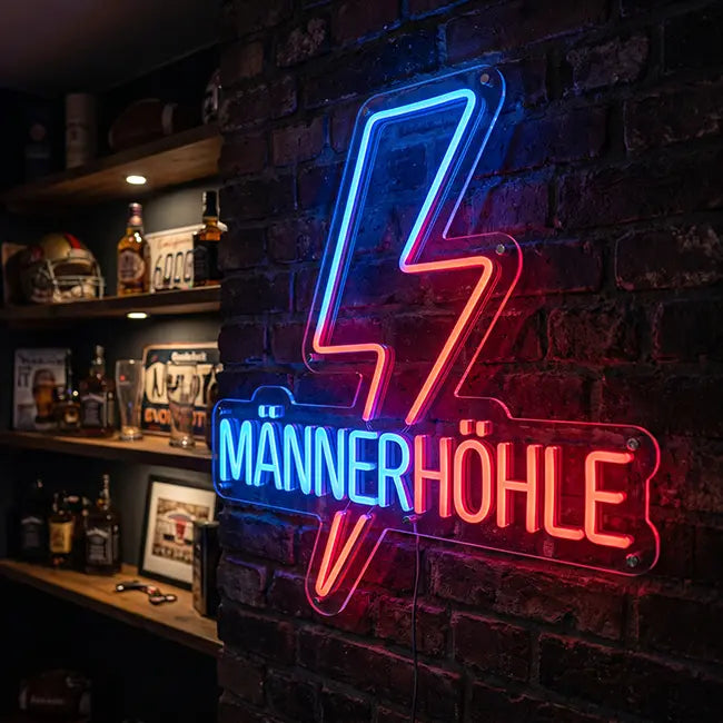 Neon LED Schild Männerhöhle – leuchtender Blitz in Blau und Rot in der Man Cave