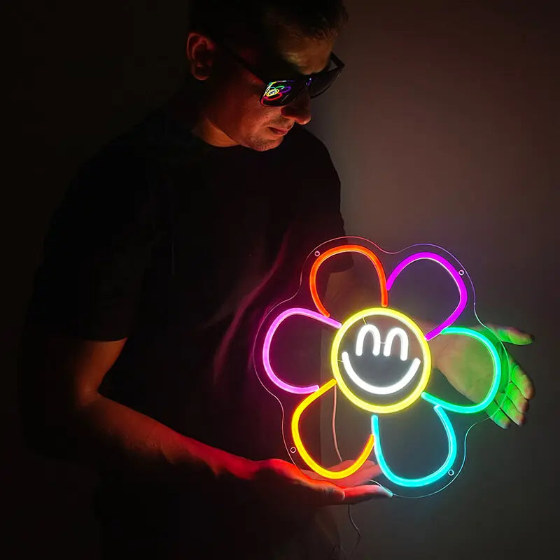 Smiley Blume LED Leuchtschild beleuchtet – Happy Face Wanddeko in Gelb