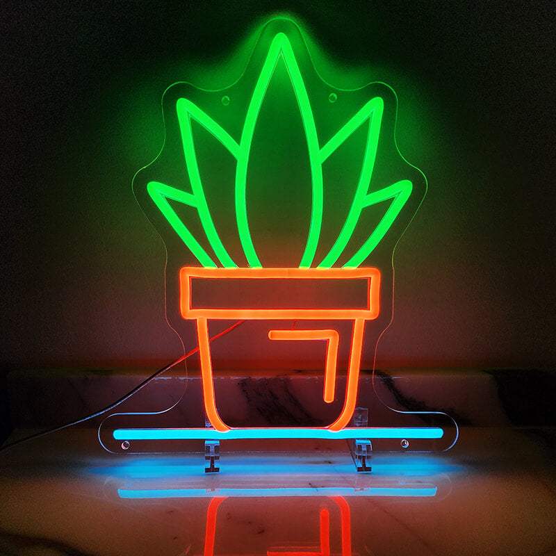 Topfpflanze Neonschild dimmbar 9 Stufen USB – handgefertigte Natur Deko