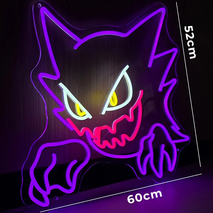 Geist Neon LED Schild mit eingezeichneter Größenangabe, komplettes Motiv mit Krallenhänden und breitem Grinsen