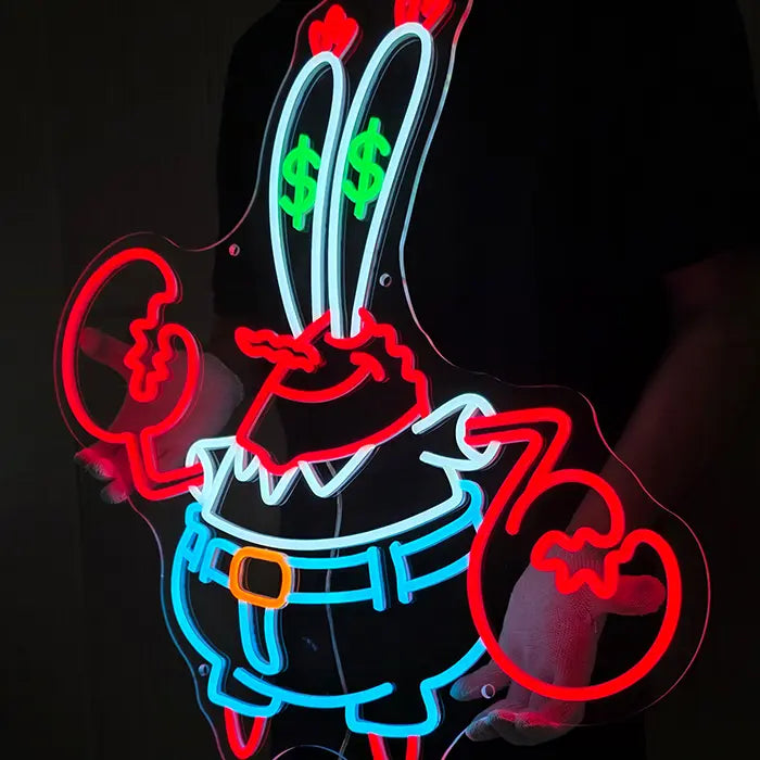 Krebs Neon LED Schild aus der Nähe: weißer Zackenkragen, orangefarbene Gürtelschnalle und rote Konturen