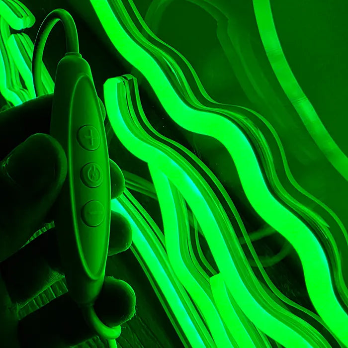 Krokodil Neon LED Schild mit Inline-Dimmer im Detail, Tasten für Heller, Ein/Aus und Dunkler sichtbar