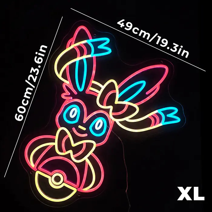 Fantasietier Neon LED Schild als Maßgrafik mit eingezeichneten Kantenlängen und der Größenangabe XL