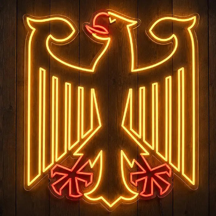 German Eagle Neon LED Sign, Transparent design: head-on on a wooden wall, wings and tail feathers glowing