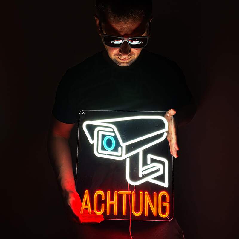 Videoüberwachung Neon Schild – Wanddeko für Lagerhaus und Bürokomplex