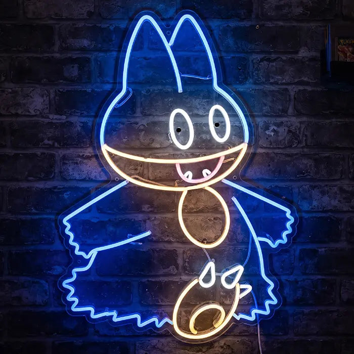 Pokémon Munchlax Neon LED Sign on a brick wall, blue outline with an open mouth and a pale bib