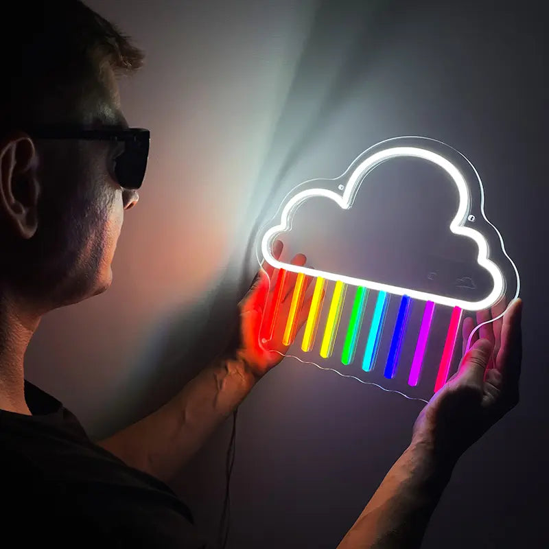 Regenbogenwolke LED Leuchtschild beleuchtet – Wanddeko für Boho-Style