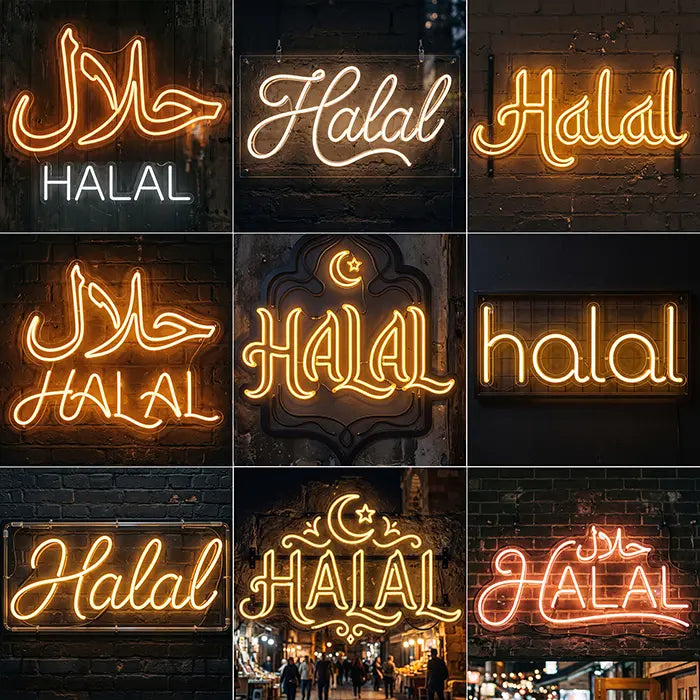 Halal Set Neon LED Sign overview of all 9 designs in a grid, Arabic and Latin Halal lettering in gold, white and rosé
