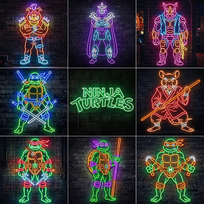 Ninja Turtles Set Neon LED Sign overview of the designs: Bebop, Shredder, Rocksteady, Leonardo, NINJA TURTLES lettering, Splinter, Raphael, Donatello and Michelangelo