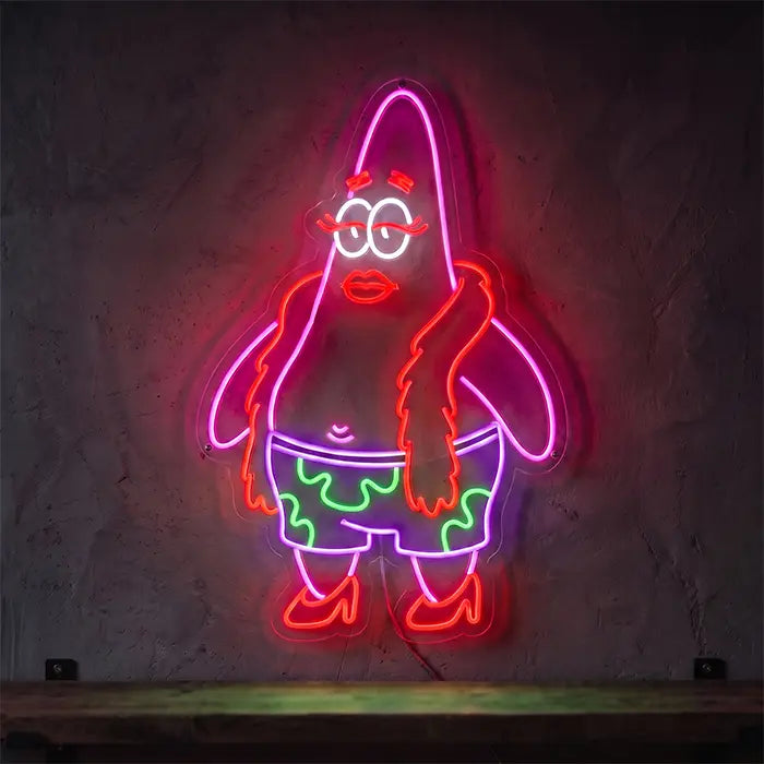 Patrick Drag Queen Neon LED Schild – Patrick Star mit Wimpern, Lippenstift und Federboa