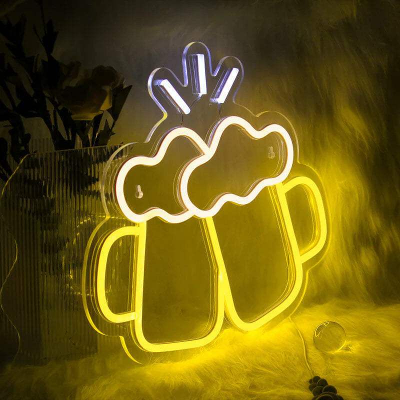 Bier Krüge Neon LED Schild beleuchtet – Oktoberfest-Stimmung als USB-Leuchtschild