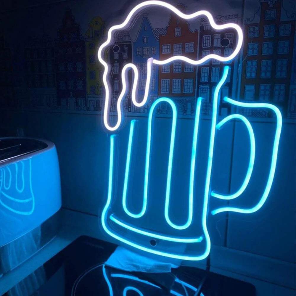 Blauer Bierkrug Neon LED Schild beleuchtet – blaues Maß als USB-Leuchtschild