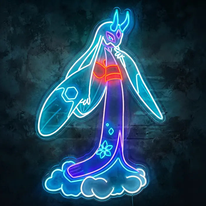 Pokémon Mega Froslass Neon LED Sign front view on a dark wall, icy-blue sleeves, violet robe and cloud base