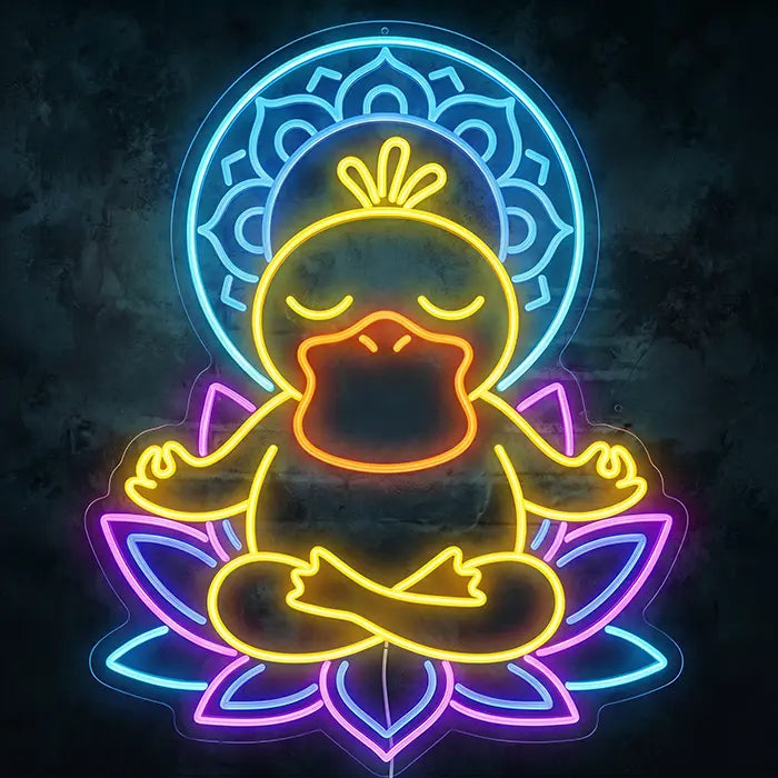 Pokémon Psyduck in Meditation Set Neon LED Sign, design Enlightened Psyduck: front view on a dark wall, Psyduck on a lotus flower with a blue mandala halo