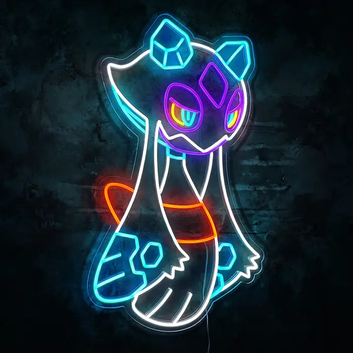 Pokémon Froslass Neon LED Sign front view on a dark wall, white figure with ice crystals, a violet face and a red sash