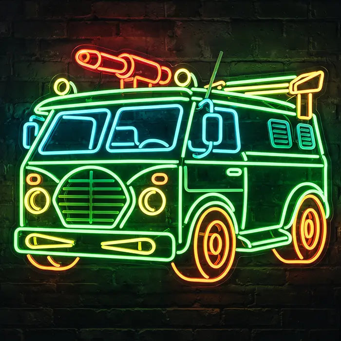 Ninja Turtles Set Neon LED Sign design Turtle Van in green with a yellow cannon on the roof on a dark wall
