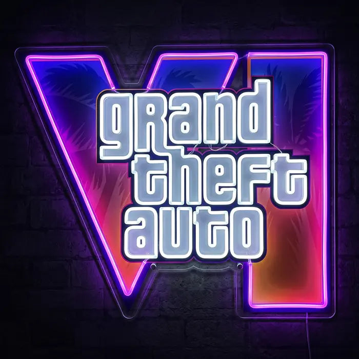 GTA VI Logo Neon LED Sign with UV print front view on a dark brick wall, VI in purple, pink and orange with white grand theft auto lettering