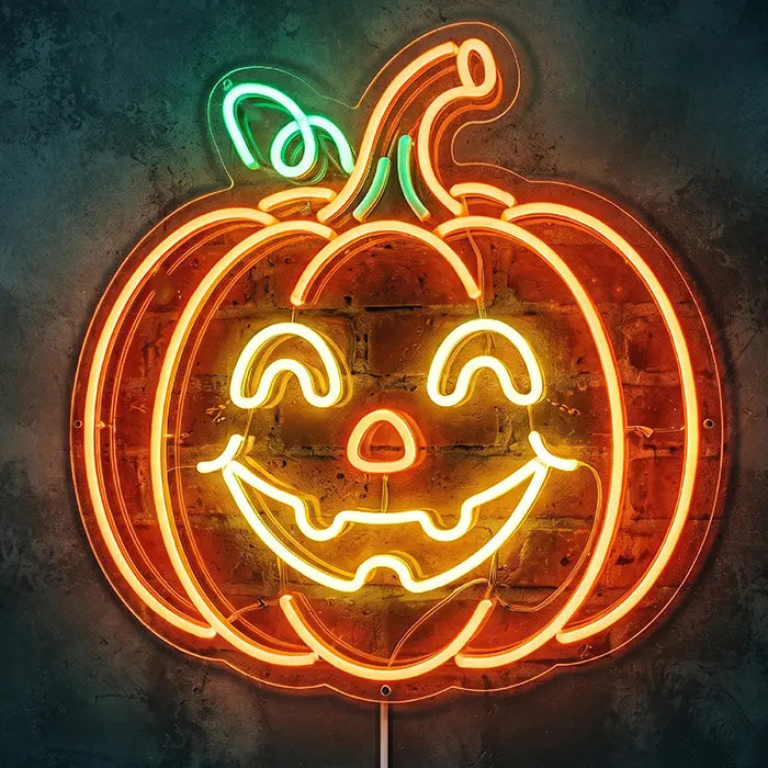 Happy Halloween Pumpkin Neon LED Sign, cut out against a plain background