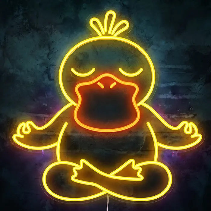 Pokémon Psyduck in Meditation Set Neon LED Sign, design Good Vibes Psyduck: front view on a dark wall, yellow Psyduck sitting cross-legged with an orange beak