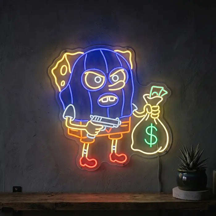 SpongeBob Gangster Neon LED Schild – SpongeBob mit Skimaske, Pistole und Geldsack
