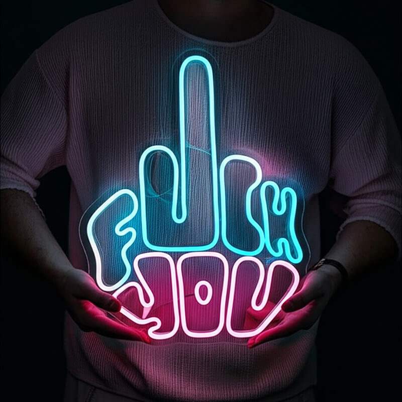 Mittelfinger LED Leuchtschild beleuchtet – provokante Wanddeko fürs Wohnzimmer
