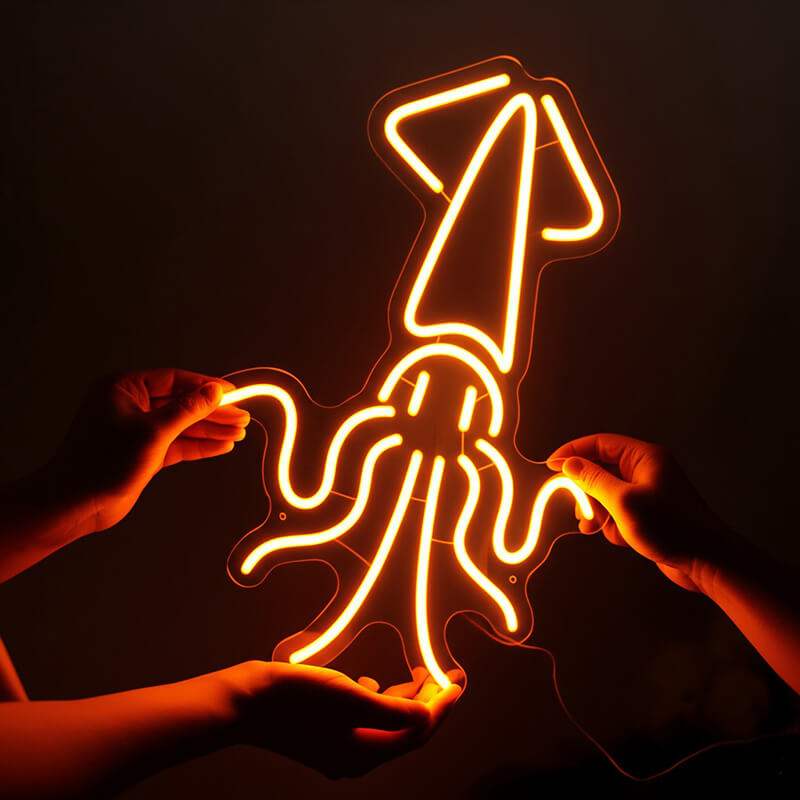 Goldener Tintenfisch Neon LED Schild beleuchtet – Restaurant Seafood Deko