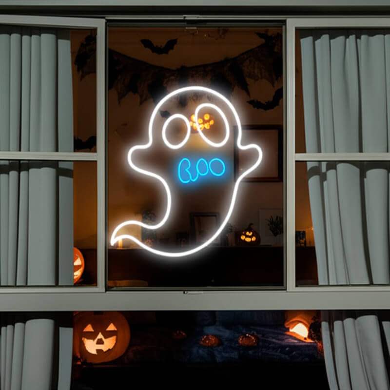 Boo Geist Neon LED Schild – handgefertigte Halloween-Deko fürs Kinderzimmer