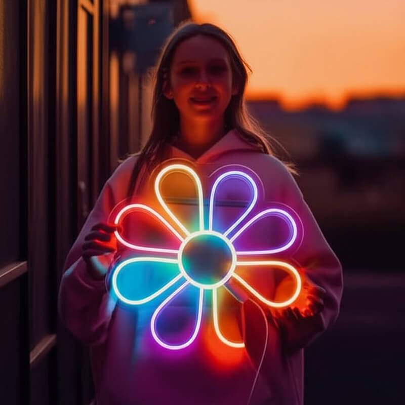 Blume Neon LED Schild beleuchtet – Blüten-Motiv als USB-Leuchtschild