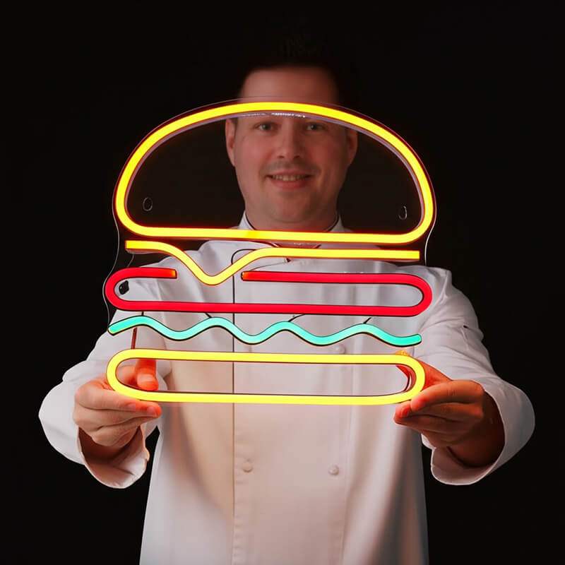 Burger Neon Schild dimmbar – 9 Stufen USB auf 6mm Acrylplatte