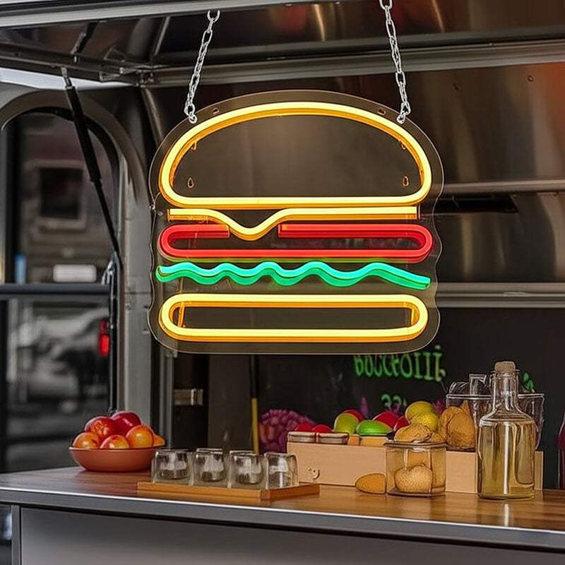 Cheeseburger Neon LED Schild beleuchtet – Burger-Motiv als USB-Leuchtschild