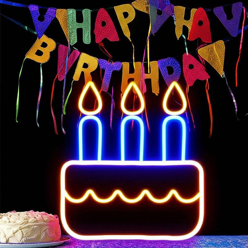 Torte mit Kerzen Neonschild dimmbar 9 Stufen USB – handgefertigte Feier Deko