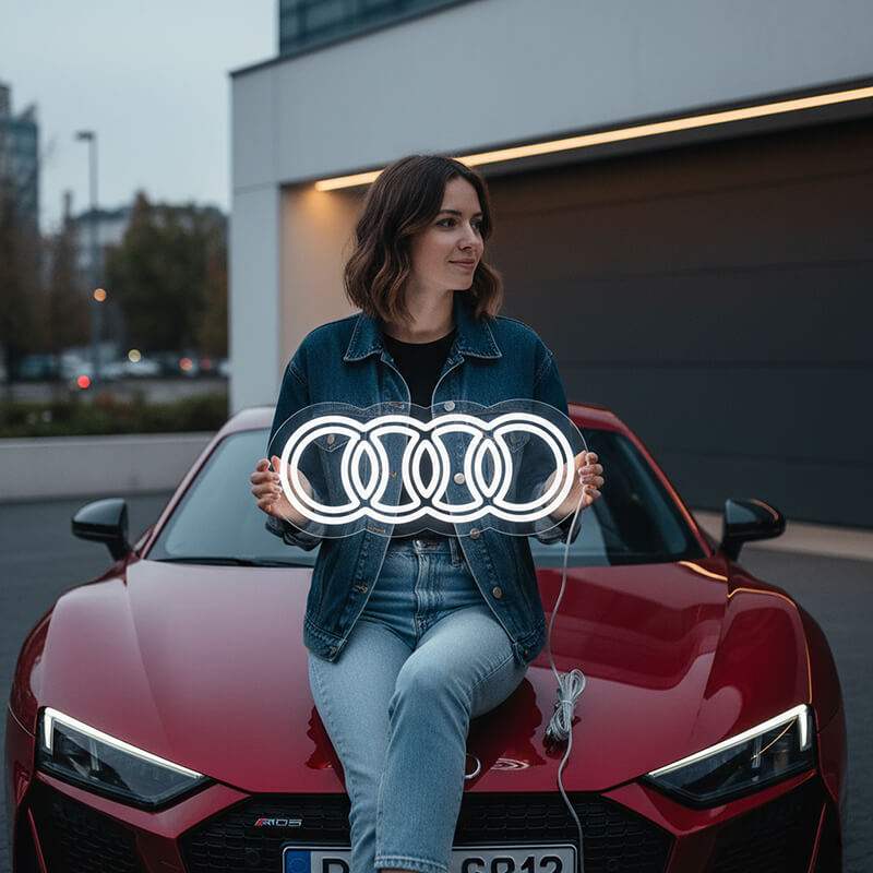Auto Garagendekor Neon LED Schild – Audi 4 Ringe als handgefertigte Wanddeko