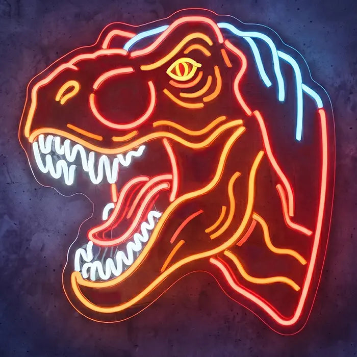 T-Rex Dino Neon LED Schild in Rot, Orange und Weiß mit leuchtendem Gebiss vor dunkler Betonwand