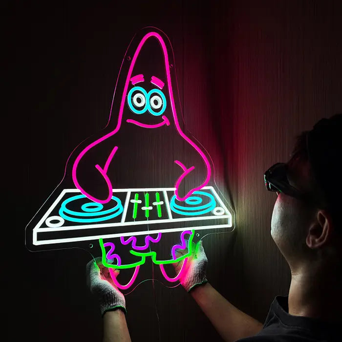 Patrick DJ Neon LED Sign – Dimmable with Remote | SpongeBob Party Decor