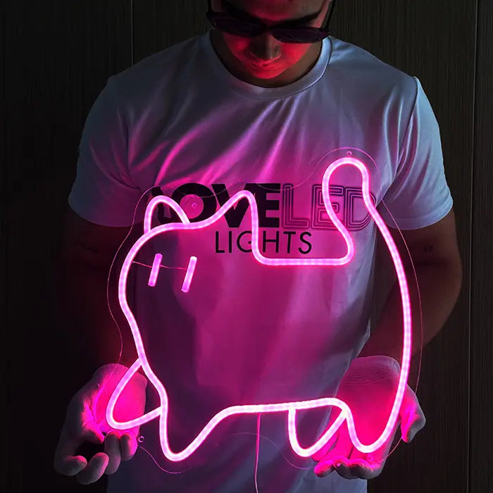 Pinke Katze Neon LED Schild in beiden Händen gehalten, die rosa Neonkontur der Katze leuchtet klar hervor