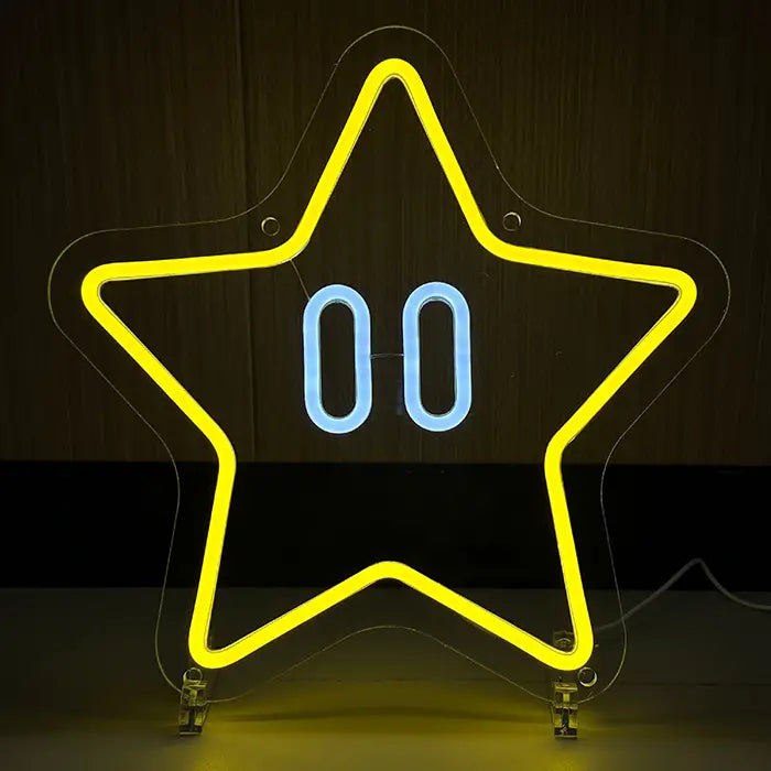 Super Star Neon LED Schild frei stehend auf Acryl-Standfüßen, gelbe Sternlinie und kühlweiß leuchtende Augen