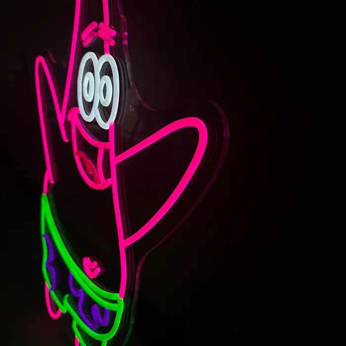 Seestern Neon LED Schild als seitliche Nahaufnahme, die Neon-Schläuche auf klarem Acrylglas sind sichtbar