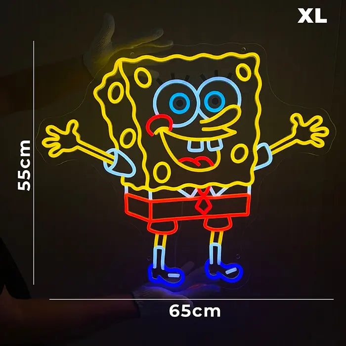 Schwammfigur Neon LED Schild mit eingezeichneten Maßlinien für Höhe und Breite als Größenübersicht