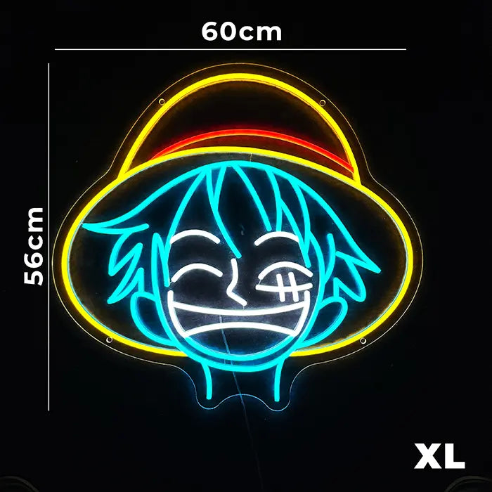Strohhut Neon LED Schild Größengrafik mit 60 × 56 cm und Kennzeichnung XL, komplettes Motiv leuchtend abgebildet