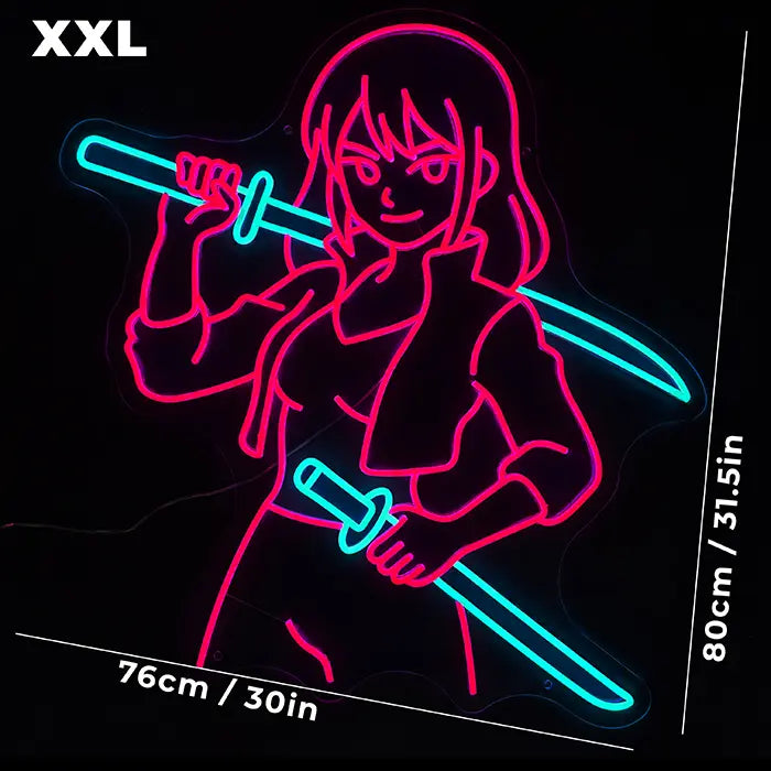 Sekira V Miaukuza Neon LED Schild mit eingeblendeter Größengrafik zur Einordnung der Wandfläche