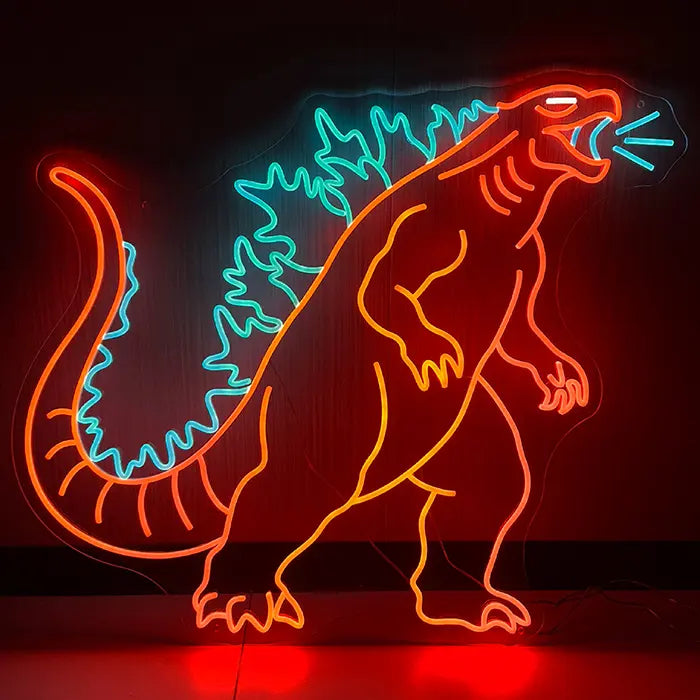 Monsterechse Neon LED Schild in Orange und Blau an dunkler Wand, komplettes Motiv mit erhobenem Kopf