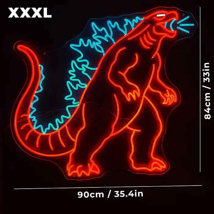 Monsterechse Neon LED Schild in der Größenübersicht XXXL mit eingezeichneten Kantenmaßen des Motivs