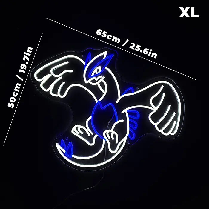Geflügeltes Wesen Neon LED Schild als Größengrafik mit eingezeichneten Maßlinien an Breite und Höhe
