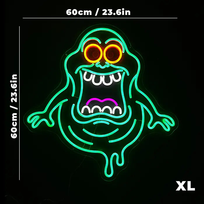 Schleimgeist Neon LED Schild mit eingeblendeter Größengrafik, die Höhe und Breite des Motivs als Maßlinien zeigt