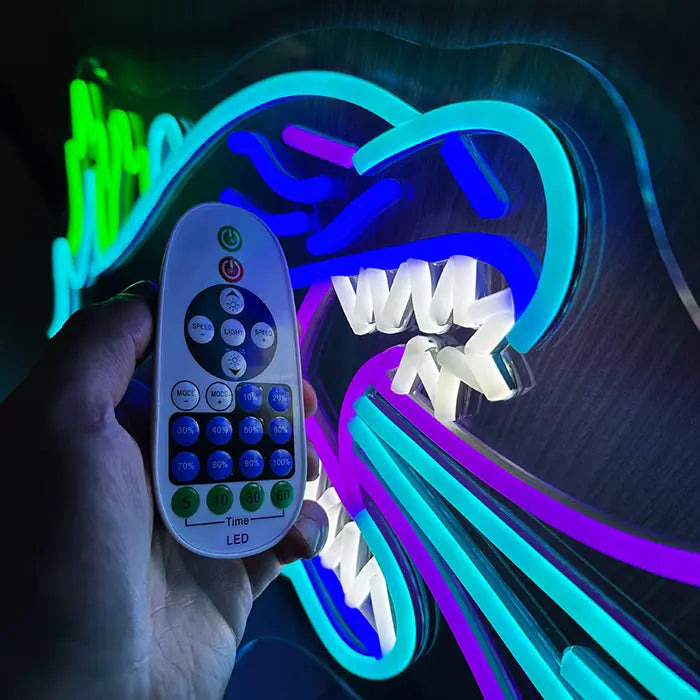 Godzilla Neon LED Sign with the remote in hand, buttons for brightness, timer and modes
